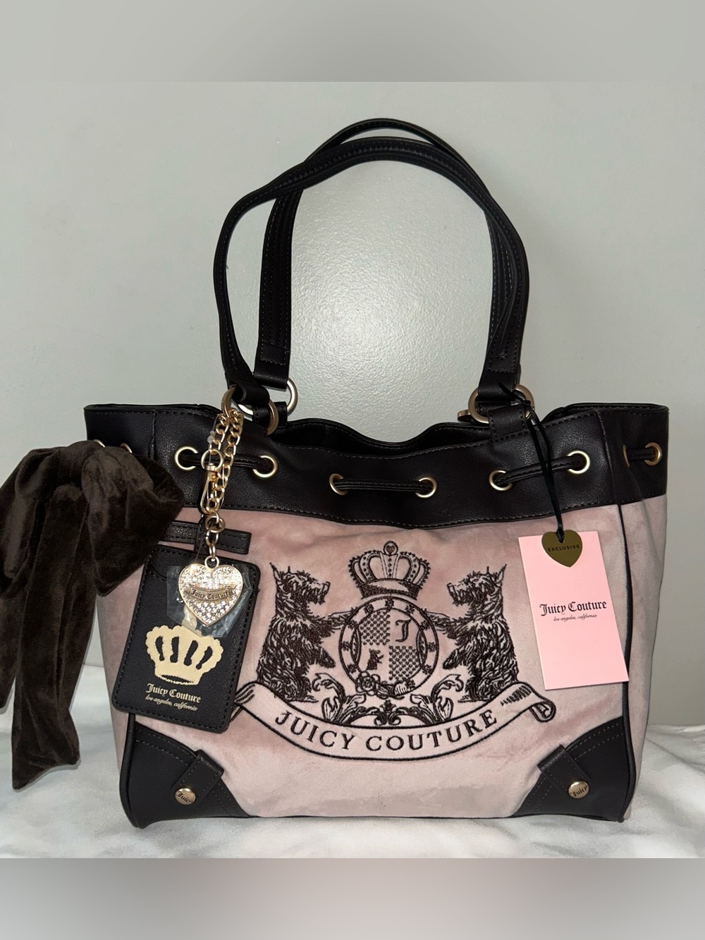 NEW! JUICY COUTURE Daydreamer Classic Scottie Dogs Velour Tote Dusty Blush Pink